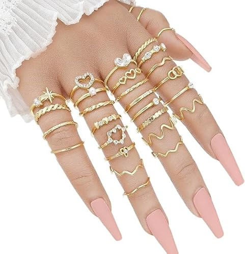 Xheanxu Gold Rings Set for Women, 28pcs Stacking Rings Gold Finger Ring Sets, Ladies Ring Simple Heart Wave Design, Premium Jewellery Set Lrregular Patterns Thumb Perfect Gifts for Women