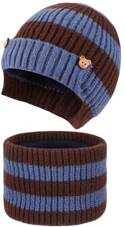 Jupsk Barn vinter hatt halsduk set, mössa halsvärmare randig keps fleecefoder för barn pojkar 4-10 år, Brun blå, one size