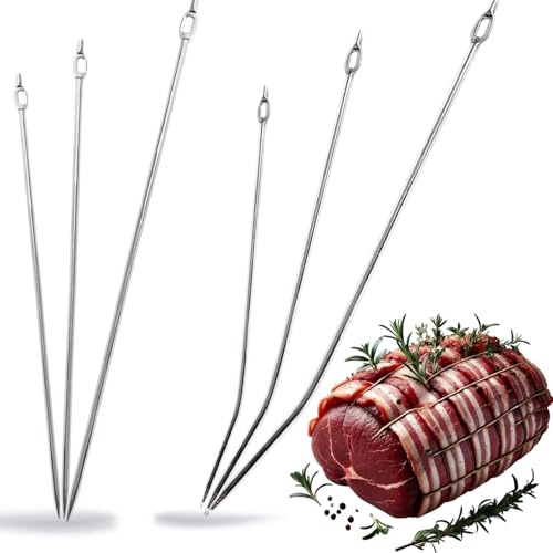 Kerafactum Spicknadel Set gebogen & gerade Bratennadel Dressiernadel Nadeln 16,20 & 26 cm Edelstahl Lardiernadel großes Aufnahmefeld für Speckstreifen Ø3 mm Perfekt Bardieren Spicken Fleisch & Braten