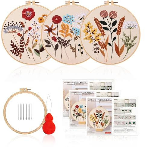 Euablfo 3 Stück Stickset für Anfänger, Handstickerei-Kits,Blume Anfänger Stickerei Set für Erwachsene mit Stickrahmen,Punch Needle Stoff,Fäden,für DIY Kunst,Handwerk,Nähen