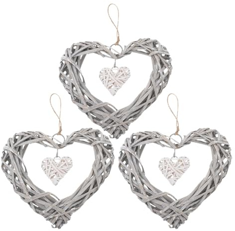 Generico Ghirlanda di Vimini a Forma di Cuore da Parete Set da 3 Pezzi, Decorazione Sospesa Rustica per Casa, Ufficio e Festa, Corona di Cuori Intrecciati in Salice Resistente