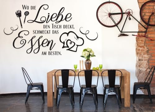 tjapalo® a25 Wandtattoo küche sprüche Wandsticker Küchensprüche Esszimmer wandtattoo wo die liebe den tisch deckt, Farbe: dunkelgrau, Größe: B100xH53cm