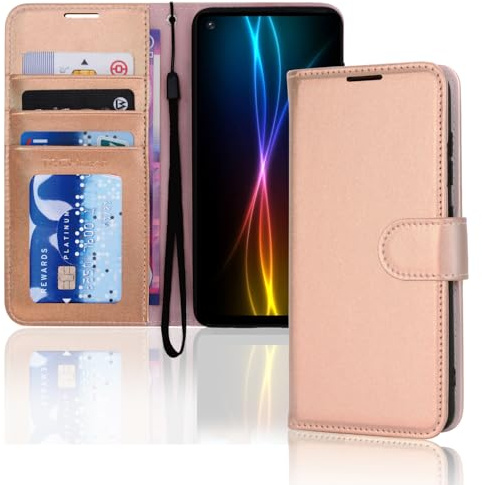 TECHGEAR Coque Galaxy A21s Étui Portefeuille en Cuir, Housse avec Rabat de Protection Fentes pour Cartes Béquille et Dragonne Stand Fonction Faux Cuir PU Compatible avec Samsung Galaxy A21s [Or Rose]
