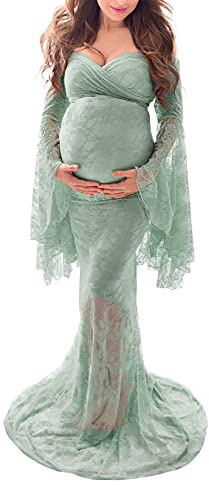 Saslax Off Shoulder Sweetheart Neckline Lace Maternity Dress for Photoshoot Slim Fitted Maxi Maternity Props Dresses for Photography Baby Shower Sage Medium