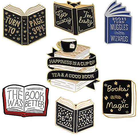 Lot de 7 broches en émail avec motif livre magique - Cadeau d'apprentissage pour enseignant, étudiant, vêtements, sacs à dos, sacs, bijoux