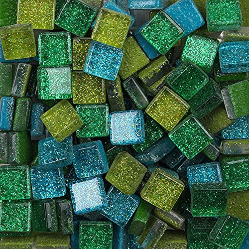 Mixed Color Glass Mosaic Tiles Square Glitter Crystal Mosaic Stones Glass Pieces for DIY Art Craft Decoration 200g,1x1cm(Hedgerow)