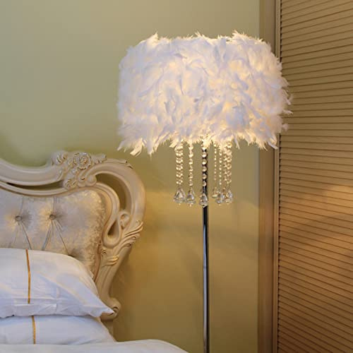 AIBOTY Feder-Stehlampe mit Kristall, Flauschige weiße/rosa Feder-Stehlampe, Moderne romantische Nachttisch-Leselampe für Wohnzimmer, Schlafzimmer, Fußschalter, 59 Zoll hoch, E27,Weiß