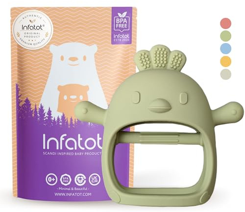 Infatot® Beißspielzeug für Babys von 0–6 Monaten – Huhn – tragbarer Beißring aus Silikon, Baby-Beißspielzeug, sicheres kaubares Babyspielzeug, beruhigende Linderung beim Zahnen - Oliv
