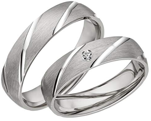 JC Trauringe 925er Sterling Silber Paar-Preis I Eheringe mit kostenfreier Gravur I Partnerringe 5mm breit inkl. Etui I Herren-Ring ohne & Damen-Ring mit Zirkonia-Stein I Größe 48 bis 72 I A05