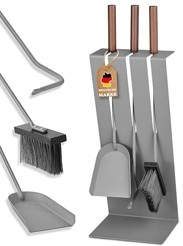 Set di posate per camino, moderne, colore antracite, con pala, grembiule, scopa, accessori per camino
