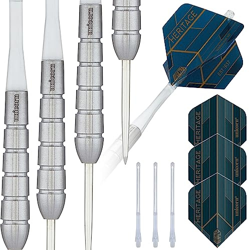 Unicorn Darts-Set mit Stahlspitzen, beliebte und ikonische Dartpfeile von 1976 bis 1988, natürliche 80%, 90% und 95% Wolfram mit lasergeätztem U-Logo, 21 g, 22 g, 23 g, 24 g, 25 g oder 26 g