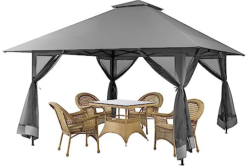 COSTWAY 4x4m Pavillon, Gartenpavillon mit Netzseitenwänden, UV-Schutz 50+, Pop-Up Faltpavillon höhenverstellbar, inkl. Tragetasche mit Rollen, für Garten, Terrasse, Hinterhof (Grau)
