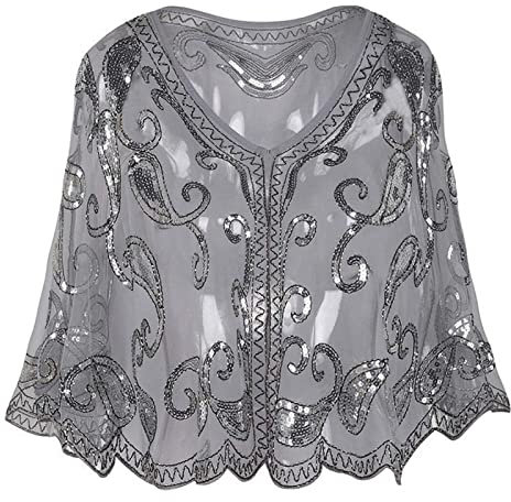 Heavyoff 1920s Stola Damen Retro Bestickt Schal Umschlagtücher Hochzeit Braut Schal Schulter Bedeckung für Abendkleid 20er Jahre Stil Accessoires, B-Grau Silber, Einheitsgröße (44 cm Länge)