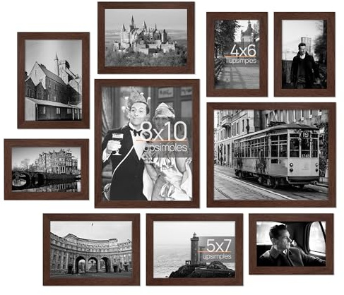 upsimples 10 Pack Picture Frames Collage Wall Decor for Mounting or Tabletop Display, Photo Gallery Frame Set for Family, Multi Sizes Including 8x10, 5x7, 4x6, Brown
