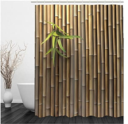 Whoiy Vorhang Dusche Bambus, Duschrollo Um Die Ecke 165X200cm Polyester Shower Curtains Eine Reihe Von Bambus Braun Grün Waschbar Wasserdicht