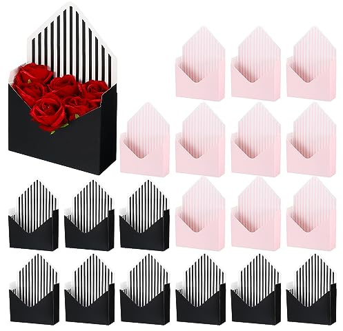 PATIKIL 20Stk Blume Geschenkbox Papier Blumenstrauß Blume Geschenktüte mit Handgriff Groß Klappbar Hand Halt Umschlag Box für Blumenhändler Geburtstage Tag Rosa und Weiß Vertikal
