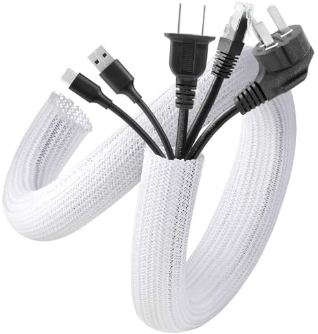 AGPTEK Cable Management Sleeve Cover, 10ft - 1inch Cord Management System for Desk PC TV Computer Projector Wires Protection and Organization, Home, Theater and Office, White