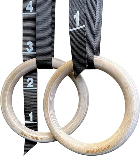 BEAR GRIP Gymnastikringe aus Holz mit verstellbaren nummerierten Gurten - Olympische Turnringe für Gymnastik, Calisthenics, Crossfit & Ganzkörper-Krafttraining zu Hause oder im Fitnessstudio (28 mm