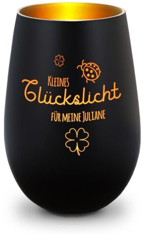 GRAVURZEILE Deko Windlicht aus Glas mit Gravur - Kleines Glückslicht - Personalisiert mit Name - Persönliche Geschenke für Frauen und Männer zur Hochzeit Verlobung und Geburtstag - Schwarz/Gold