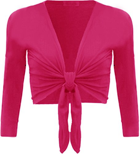 Gostyles® Women's Plain Long Sleeves Front Knot Bolero Shrug Top - Ladies Stretchy Cropped Cardigan (Fuchsia, 8/10)