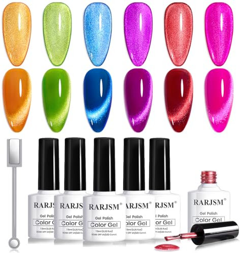 RARJSM Cat Eye Gel Nail Polish Set 6 Neon Colors Velvet Silver Glitter Purple Blue Bright Orange Red Green Rose 9D Ice Gel Polish with Magnet Stick UV LED Curing Requires Soak Off Home Salon Manicure