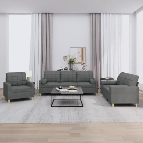 Mengtu 3-TLG. Sofagarnitur mit Kissen Sofa Couch Relaxsofa Möbel Relaxcouch Gästesofa Polstersofa Loungesofa Sofa Couchgarnitur Büro Dunkelgrau Stoff