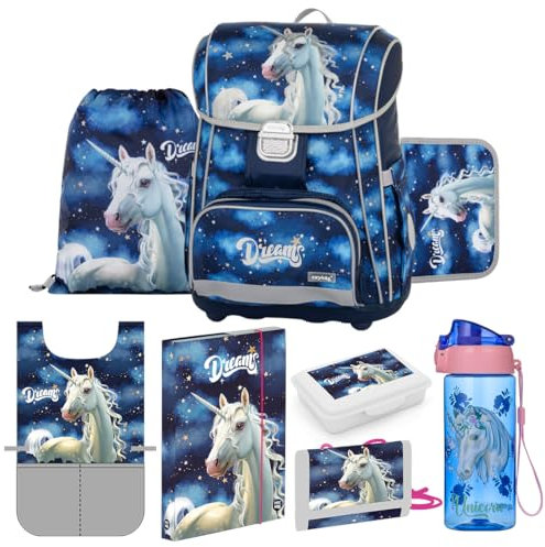 OXYBAG Premium Schulranzen Set 8tlg. Einhorn Motive | Sportbeutel, Federmappe, Kunstponcho, Trinkflasche, Snackbox & mehr | Ideal für 1. und 2. Klasse | Stilvoll für den Schulstart