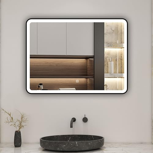 Biubiubath LED Badspiegel 90 * 70cm Touch/Wandschalter Beschlagfrei 3 Lichtfarbe 3000K-6000K+Dimmbar Badezimmerspiegel mit Schwarz Rahmen Wandspiegel IP44