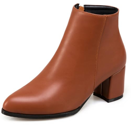 OALEEN Bottines Fourrées Femme Hiver Boots Chelsea Talon Haut Carré Bloc Sexy Bout Pointu Effet Cuir Soirée Chaussures Marron 36