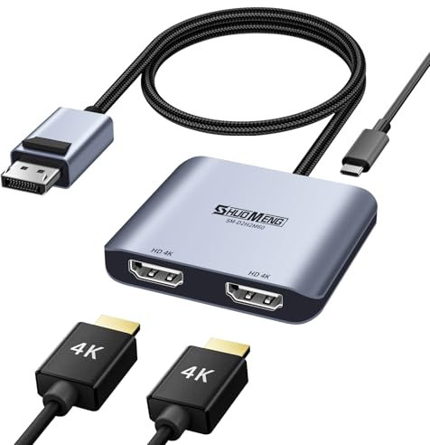 DisplayPort to Dual HDMI Adapter, 4K@60Hz male DP computer to female HDMI monitor for 2 Monitors, 1 in 2 out MST Display converter with lock, for PC Laptop splitter , NVIDIA, AMD Graphics Card