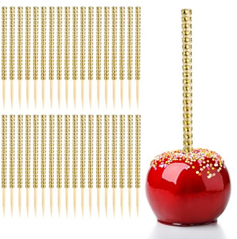 36 pinchos puntiagudos de madera con forma de manzana y caramelo dorado, palitos de bambú, caramelo, frutas, pasteles, palitos decorativos con diamantes de imitación, envoltura de malla de diamante