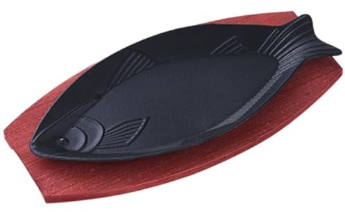 Glixoft Griglia a Forma di Pesce con Base in Legno, Piastra in Ghisa, Padella Antiaderente per Carne, Pesce, Pancetta E Verdure