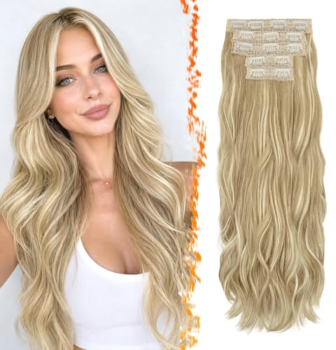 BARSDAR Clip in Extensions, 50cm Wellige Clip in Haarverlängerungen Blond für Frauen 5PCs Hair Extensions Natürliches Synthetisches Haarteil Haarextension - Hell Aschblond Gemischt