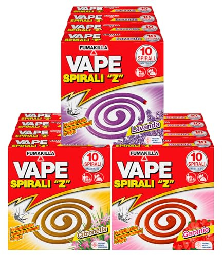 12x Vape Spirali Z Profumate Lavanda Geranio e Citronella Repellente Insetticida Antizanzara 8h contro Zanzare Comuni e Tigre Presidio Medico Chirurgico - 120 Spirali Profumazioni Assortite
