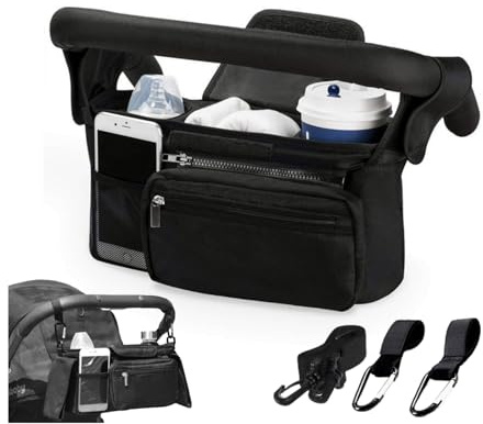 Organisateur de Poussette et Landau, Sac Rangement pour Poussette, Multifonctionnel Grande Capacité Organisateur Landau, Baby Poche Universel avec Bandoulière, 2 Porte-Gobelets Porte-Bouteilles Isolés