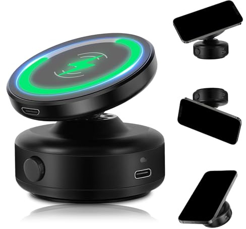 15W Wireless Charger Magnetic Maglock Phone Mount, Fast Charging Cell Phones Holder, Super Strong Vacuum Suction Magnetic, Adjustable Foldable 360 Degree Rotating Bracket for iPhone Mag Safe (Black)