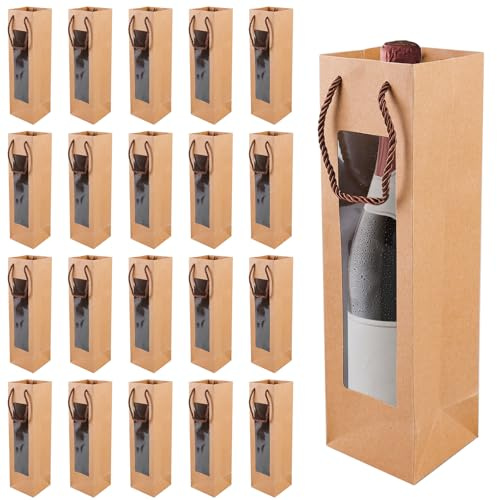 20 st. vinflaskspåsar av kraftpapper, presentpåsar flaska flaskpåsar med fönster, flaskpåsar presentpåsar med handtag, presentpåse för champagne jul bröllop födelsedag
