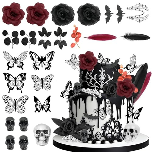 Gothic Cake Decorations - 26PCS Black Cake Toppers with Red Black Rose, Skull, Butterfly Cupcake Toppers for Goth Birthday, Wedding, Halloween