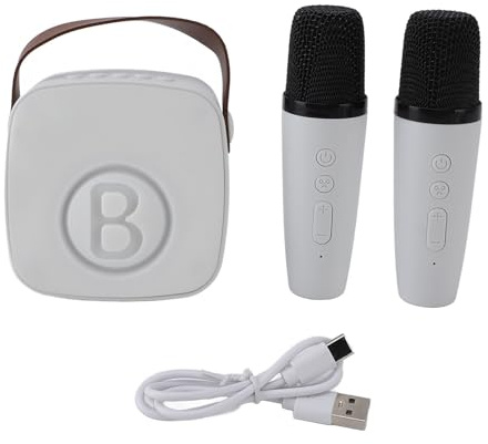 Machine de karaoké pour enfants en haut-parleur Bluetooth sans fil portable miniature avec microphone Mignon Design pour les réunions de famille Parties d'anniversaire White Abs (Double micro blanc)