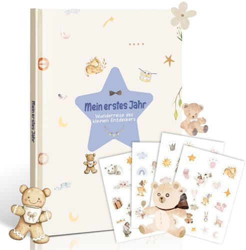 Mein erstes Jahr Babyalbum & Babytagebuch – 28,5x21cm Erinnerungsbuch mit Teddybär-Illustrationen | Geschenk zur Geburt & Taufe
