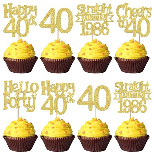 SYKYCTCY 30 Pack Straight Outta 1986 Cupcake Toppers Glitter Gold Hello Fourty Happy 40th Birthday Cupcake Picks Cheers to 40 Years Cake Decorations for Happy 40th Birthday Party Supplies