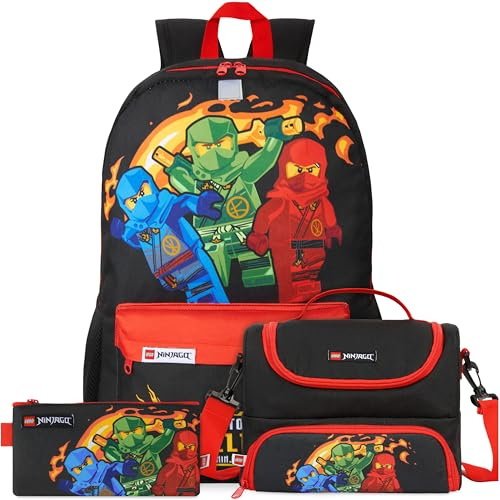 Get Trend Lego Ninjago Boys Large Backpack Set 3 Pcs, 46cm School Bag | Bookbag with Pencil Case and Insulated Lunch Bag, Lightweight Travel Rucksack, School Supplies Gifts (Red/Black Ninjago)