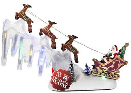 Avilia – Slitta Natalizia con Luci LED e Musica in Movimento L29xP6xH29 cm per Decorazioni Natalizie di Casa e Villaggi di Natale, Funzionamento a Batterie, Scena Rotante con Personaggi Animati