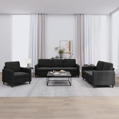 Tonture Ensemble de canapé 3 pièces en velours noir avec 1 fauteuil, 2 places, 3 places, structure en métal robuste, confortable pour adultes, meuble de salon
