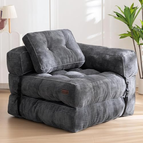 MAXYOYO Foldable Sofa Bed,Bean Bag Couch Convertible Sleeper Chair with Armrest L-Shaped Floor Lounge Sofa with Pillow Portable Lounge Seat for Bedroom & Living Room