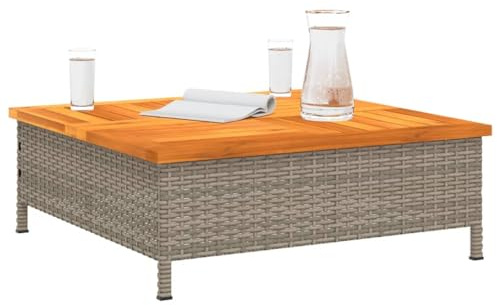 Tomostar Gartentisch mit Sonnenschirmloch, Beistelltisch, Wohnzimmer, Außenbereich, Grau, 70 x 70 x 25 cm, Polyrattan und Akazienholz