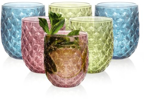 Set of 6-360ml/12oz Vintage Tumbler Glasses - Decorative Floral Embossed Water Glasses - Heavy Duty Glassware Beverages Tumblers for Whisky, Beer, Juice, Wine, Upgraded - 2Green + 2Blue + 2Pink