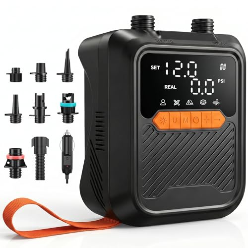 Aurethryon Bomba eléctrica para tabla de remo de 20 PSI, bomba de aire portátil de alta presión para inflables con conector de coche de 12 V CC, inflado de doble etapa y apagado automático para kayaks