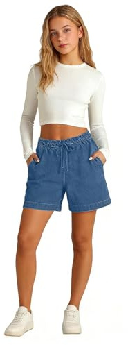 Short en jean ample pour filles - Short d'été à taille élastique avec poches à cordon de serrage - Respirant - Jambe large - Pantalon de sport décontracté