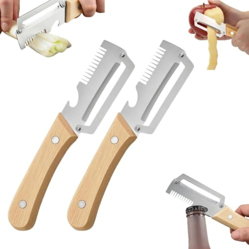 2 Piezas Pelador De Verduras Multifunción Pelador De Cocina 3 En 1 Con Rallador, Hoja De Acero Inoxidable Y Mango De Madera Ergonómico, Abrebotellas Integrado, Para Peladors De Frutas, Verduras